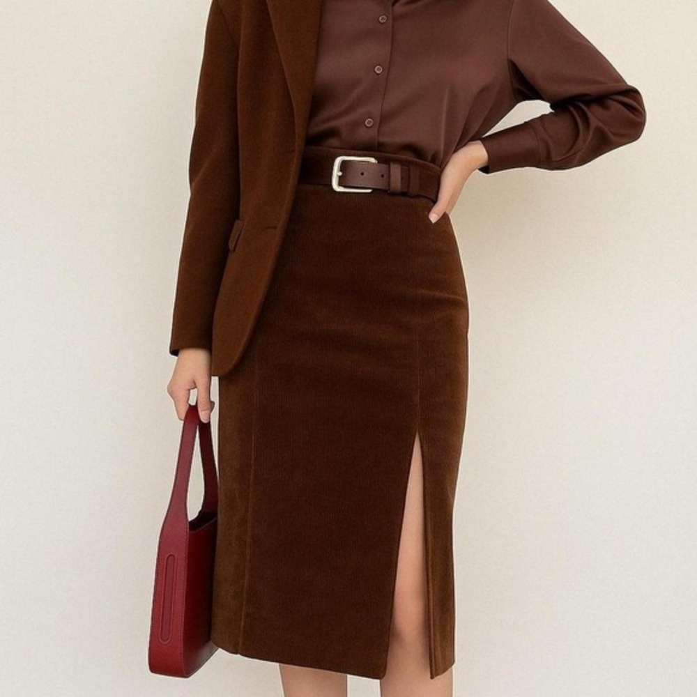 Retro brown Corduroy Slit Skirt Female Mid-length High Waist‎ Elegant Skirt xxs